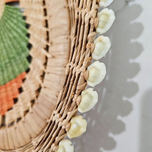 Vintage Oval Basket Handwoven Natural Fiber Oval Cowrie Shell Coiled Bread Boho - Picture 3 of 10
